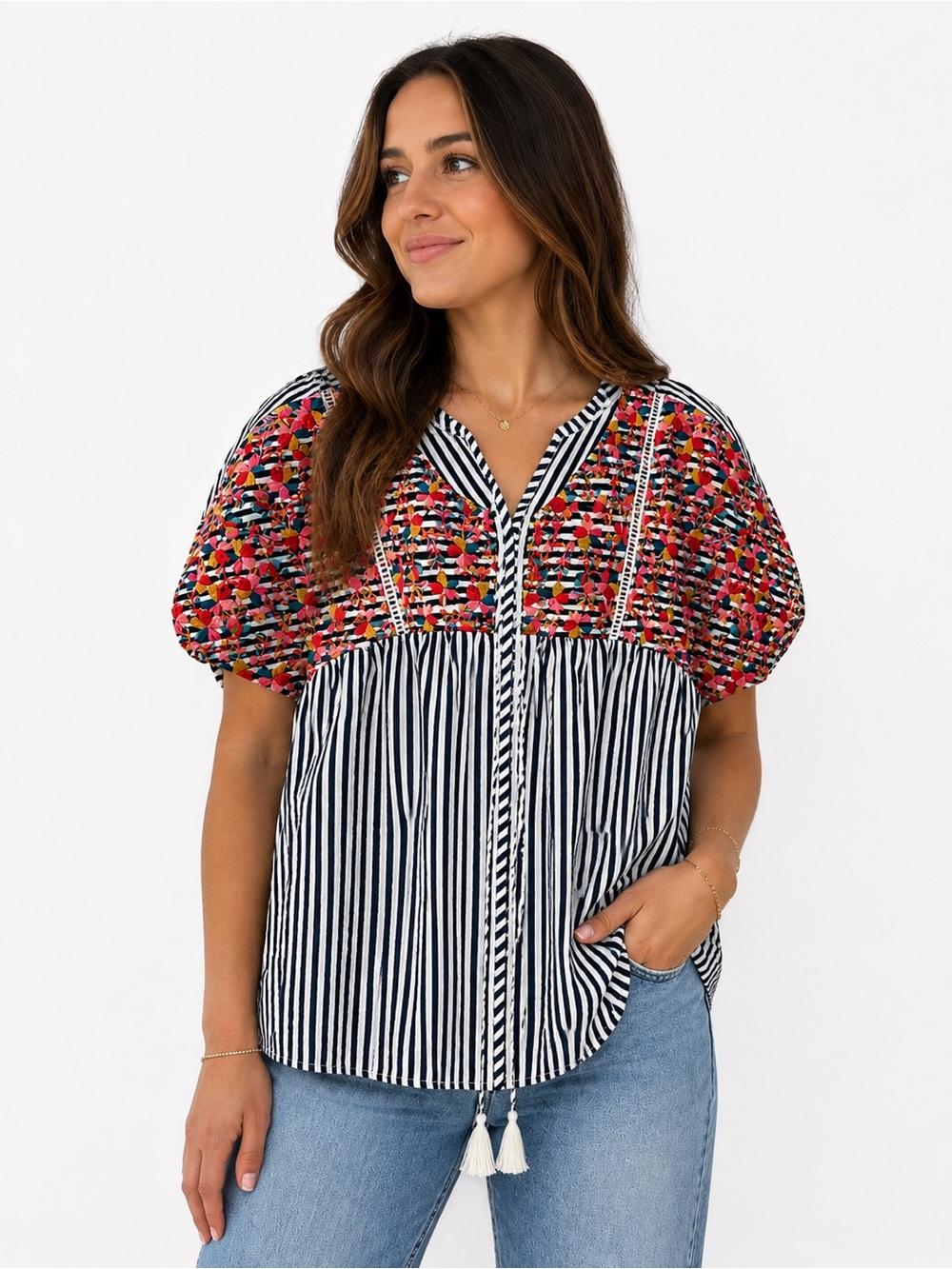 Savanna Jane Black & White Striped Top with Colorful Embroidered Yoke - Picture 2 of 4